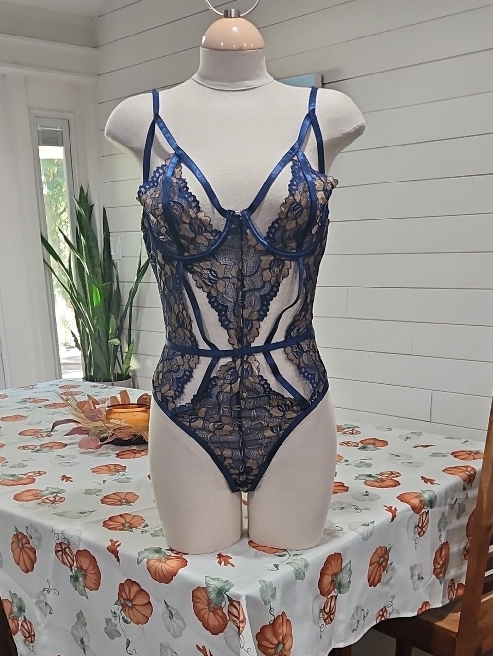 Navy Floral Lace Sheer Bodysuit Teddy.